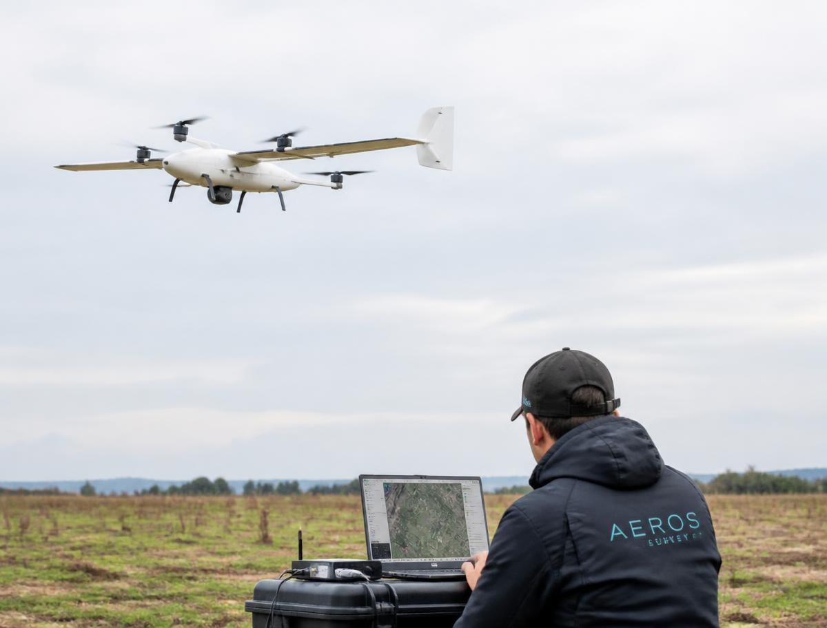 Operator flying a fixed-wing surveying drone from a laptop ground station