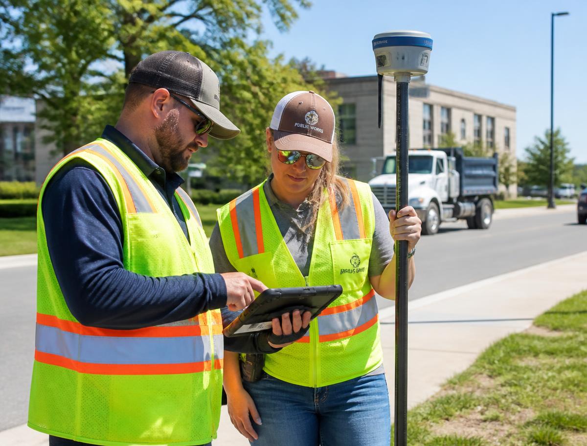Public works crew collecting high-accuracy field data with a GNSS receiver and tablet